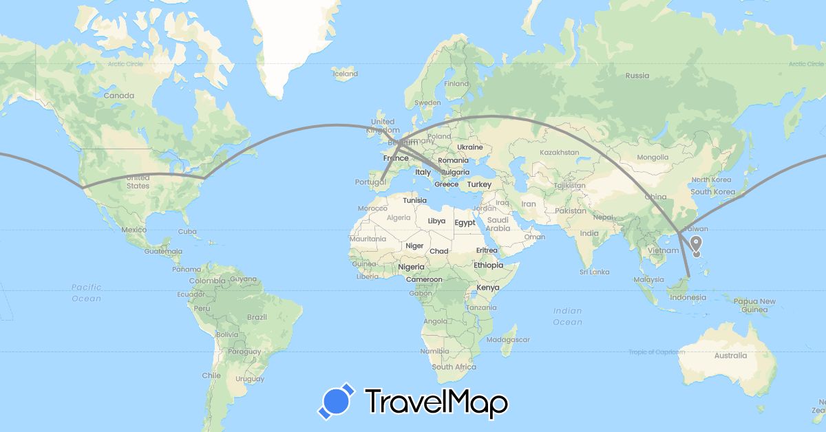 TravelMap itinerary: driving, plane in Belgium, China, Spain, France, United Kingdom, Japan, Macedonia, Malaysia, Philippines, United States (Asia, Europe, North America)